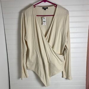 Express Ribbed Knit Surplice Bodysuit Top Long Sleeve Off White XL NWT